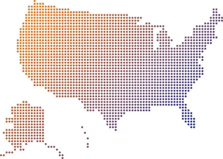 US map with blue and orange dots